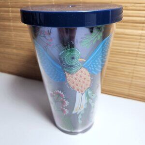 Starbucks 2017 Quetzal Bird Tumbler Acrylic Cold Cup 16 Oz Blue With Flowers